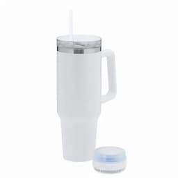 A drink bottle with a white body, clear lid, straw, and a removable base. It features a handle and a logo.