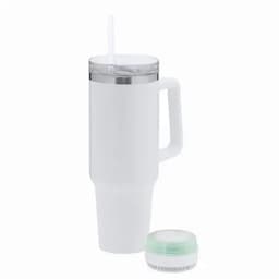 A drink bottle in white with a clear lid, handle, and a detachable base containing a green component.