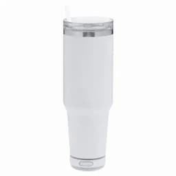 A drink bottle in white with a clear lid and straw, featuring a sleek design and a logo.