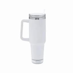 An insulated white mug speaker with a clear lid and straw, featuring a handle and a branding logo on the body.