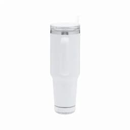 A white insulated mug speaker with a handle and a straw, featuring a transparent lid. It includes a logo.