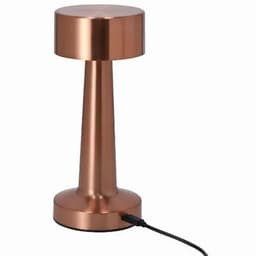 A copper-coloured lamp with a sleek design, featuring a cylindrical base and a rounded top, connected by a power cord.