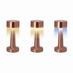 Three copper-coloured lamps with a sleek design, featuring different lighting effects in soft yellow and blue hues.