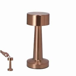 A decorative copper-coloured lamp with a sleek, modern design and a rounded base. It features a simple, minimalist shape.