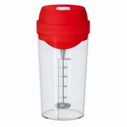 A drink bottle with a clear body and a red lid, featuring measurement markings and a branding logo.