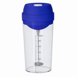 A drink bottle with a clear body, blue lid, and a built-in whipper for mixing, featuring measurement markings.
