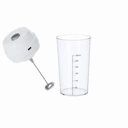 A whisking device in white with a metal whisk and a clear measuring cup marked with millilitres.