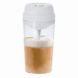 A drink bottle with a white lid and transparent body, containing a layered beverage and measurement markings.