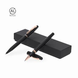 A pen set in black with rose gold accents, presented in a sleek black box. The set includes a ballpoint and rollerball pen.