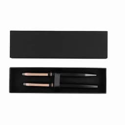 A chopstick set in a black box, featuring two black chopsticks with rose gold accents. The box is also black.