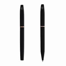 A pen in black with a rose gold accent and a logo, displayed in two positions.