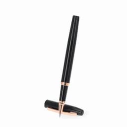 A black pen with a rose gold accent, featuring a capped design and a sleek finish.