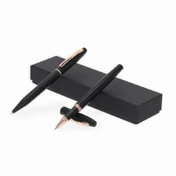 A black pen set with rose gold accents, presented in a sleek black box.