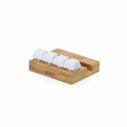 A bamboo organiser with four white sections for holding items, featuring a smooth, natural finish.
