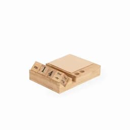 A wooden desk calendar with movable date and month blocks, accompanied by a notepad section.