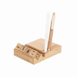 A wooden desk organiser featuring a date calendar, notepad, and compartments for pens in natural tones.