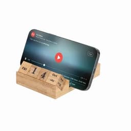A wooden calendar stand displays the date alongside a smartphone playing a video, featuring a colourful screen.