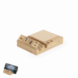 A wooden desk organiser with a calendar and a compartment for a phone, featuring natural wood tones.