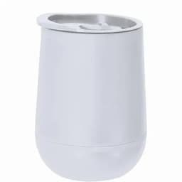 A drink bottle in a sleek, white design with a rounded shape and a secure lid. It features a logo on its surface.