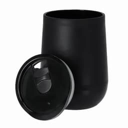 A drink bottle in matte black with a removable lid. The design features a tapered shape.