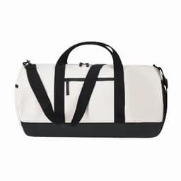 A duffel bag in white with black accents, featuring two handles and a detachable shoulder strap.