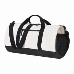 A bag in white and black with a cylindrical shape, featuring black straps and a mesh side pocket.