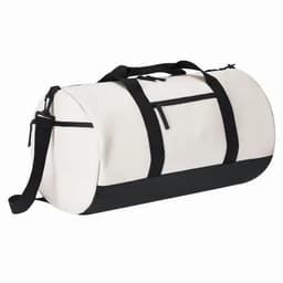 A duffle bag in white and black, featuring handles and an adjustable shoulder strap. It has a zippered compartment.