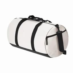 A duffel bag in white and black with a zippered pocket and dual handles for easy carrying.