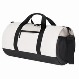 A duffle bag featuring a white body with a black base and straps, including a side mesh pocket.