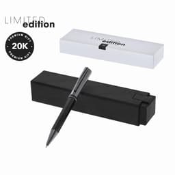 A sleek black pen sits in a black gift box, accompanied by a white outer box, featuring a logo.