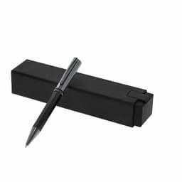 A black pen resting on a sleek black box, showcasing a simple and elegant design.