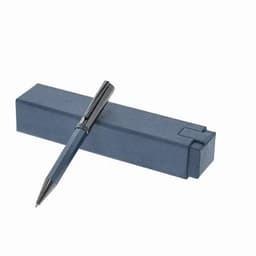 A blue pen rests on a matching blue box, featuring a sleek design and a black clip.