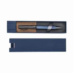 A pen housed in a navy blue box, with a sleek silver and black design, featuring a card inside.