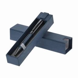 A pen in a navy blue presentation box with a textured surface, featuring a sleek design and a subtle logo.