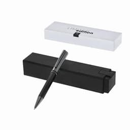 A black pen resting on a black box, accompanied by a white box in the background. The pen has a sleek design.