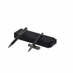 A pencil and a pen in a sleek black box, featuring a minimalist design.
