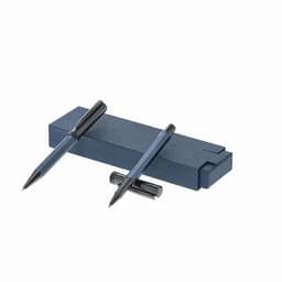 A pen set featuring two navy blue pens resting on a matching box. The box is also navy blue with a sleek design.