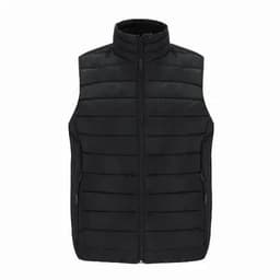 A black puffer vest with a high collar and zippered front, featuring two side pockets.