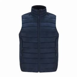 A sleeveless puffer vest in navy blue with a zip front and side pockets. The vest features a subtle quilted design.