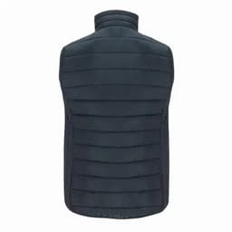 A puffer vest in navy blue with horizontal quilted sections and a high collar, featuring no visible branding.