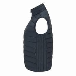 A sleeveless puffer vest in dark navy with vertical stripes and a zippered pocket on the side.
