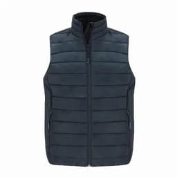 A dark navy puffer vest with a high collar and zip front, featuring two side pockets and horizontal stitching.