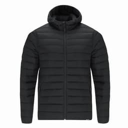 A black padded jacket with a hood and full-length zipper, featuring quilted detailing on the front.