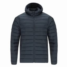 A puffer jacket in dark navy blue with a hood, featuring a zippered front and horizontal quilted design.