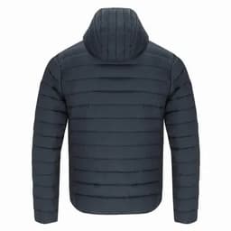 A puffer jacket in navy blue with a hood, featuring a quilted texture and a sleek design.