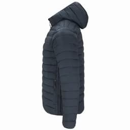 A dark navy padded jacket with a hood, featuring a side view and horizontal stitching. It has a smooth finish.