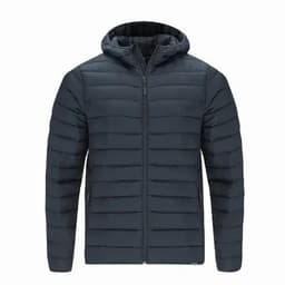 A padded jacket in dark navy blue with a zip front and a hood. The design features horizontal panel stitching.