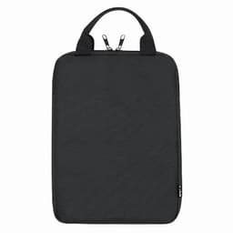 A black courier bag with a zipper and two handles, featuring a minimalist design and a logo.