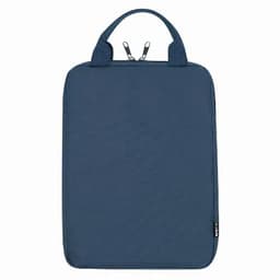 A blue laptop sleeve with a textured finish and double zipper closure, featuring two carry handles and a logo.