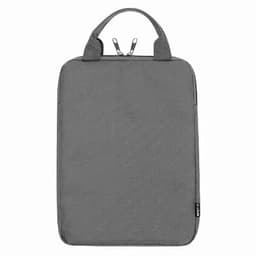 A grey laptop sleeve with handles and a zip closure, featuring a logo on the side.
